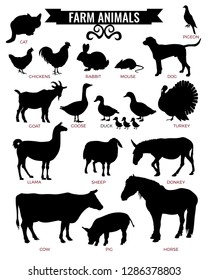 Silhouettes of farm animals. Vector illustration isolated on white background
