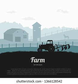 Silhouettes of farm landscape. Rural panorama of runch with tractor. Village scenery for poster. Farmer house and horse. Vector illustration