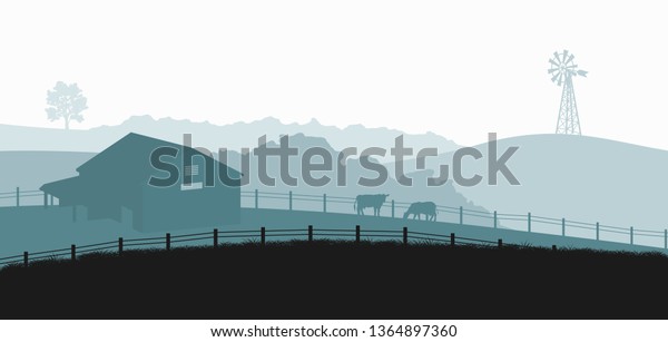 Silhouettes of farm landscape. Rural\
panorama of runch with cow on meadow. Village scenery for poster.\
Farmer house and livestock. Vector\
illustration