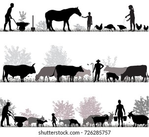 Silhouettes of farmers at work and farm animals