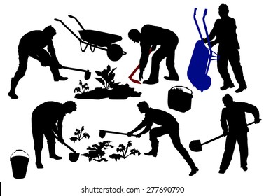 Silhouettes of farmers working with tools