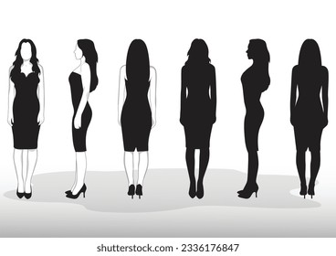 silhouettes Fashion dress young woman in elegant vector 