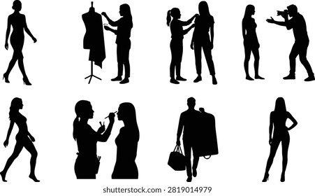 Silhouettes of fashion professionals and models working in studio including designer, photographer, makeup artist, stylist, and runway poses