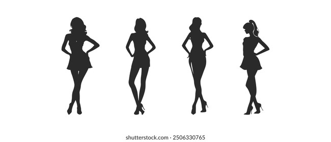 Silhouettes of Fashionable Women Posing in Dresses. Vector icon design.