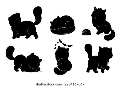 Silhouettes of fat cats set. Collection of graphic elements for website. Aesthetics and elegance. Minimalist creativity and art. Cartoon flat vector illustrations isolated on white background