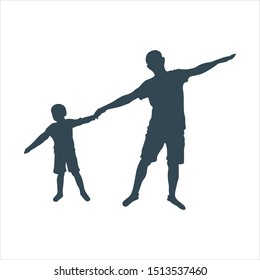 Silhouettes of father and child. Dad and son holding hands and spreading them apart as if flying like a plane. The boy was five years old.