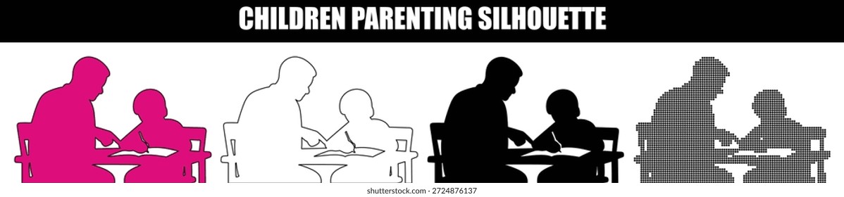 Siluetas de un padre y un niño estudiando en una mesa, educación y concepto de educación en el hogar en estilos de Vector rosa, contorno, sólido y pixelado.
