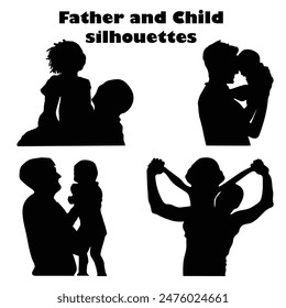 Silhouettes of Father and children in various activities, perfect for Father's Day, family themed designs, and posts, banners, ads materials. Happy father's day. Editable. EPS 10