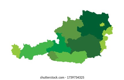 Silhouettes of the federal states of Austria map, vector illustration. Separated regions of Austria. Burgenland, Carinthia, Lower Austria, Salzburg, Styria, Tyrol, Upper Austria, Vienna, Voralberg map