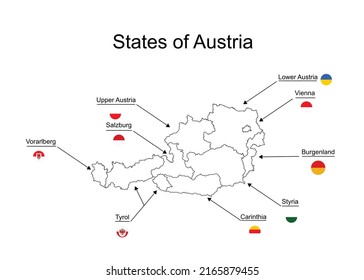 Silhouettes of the federal states of Austria map, vector illustration. Separated regions of Austria. Burgenland, Carinthia, Lower Austria, Salzburg, Styria, Tyrol, Upper Austria, Vienna, Voralberg map