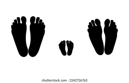 Silhouettes of the feet of mom, dad and baby. Family. Black silhouettes on white background.