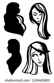 Silhouettes of female faces in profile and in front. vector illustration, hand-drawing outlines