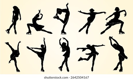 Silhouettes of female figure skaters performing various elegant poses and moves on ice, showcasing balance, flexibility, and artistry in motion.
