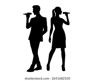 Silhuetas de cantores femininos e masculinos cantando, ícones isolados no fundo branco.	