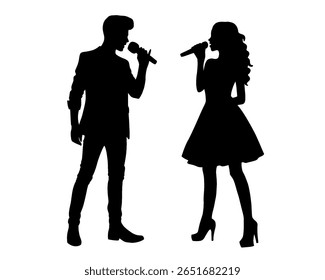 Silhuetas de cantores femininos e masculinos cantando, ícones isolados no fundo branco.	