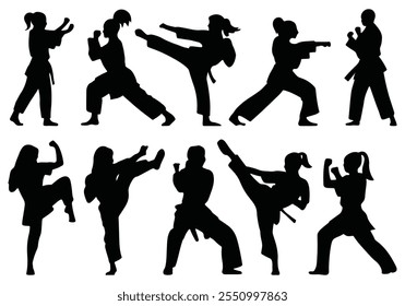 Silhouettes of female martial arts fighters, vector illustration art