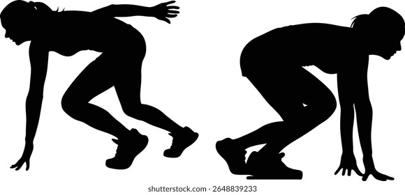 silhouettes of female runners in starting positions. 
