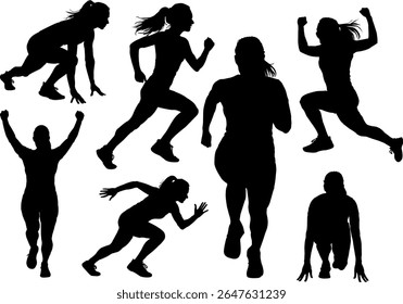 Silhouettes of Female Runners in Various Poses Vector Illustration