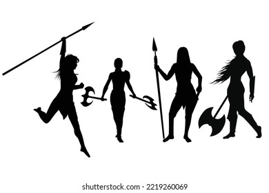 silhouettes of female warrior in poses in set