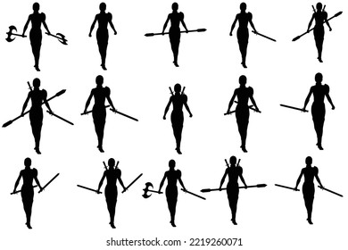 silhouettes of female warrior in poses in set