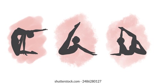 Silhouettes of females in gymnastic poses on watercolour textures