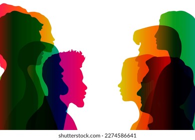 Silhouettes of females and males heads, people of different ethnicities together, spectrum rainbow color, vector illustration.