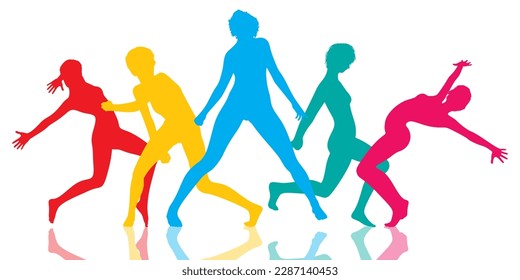 Silhouettes of females in modern dance poses in rainbow colours