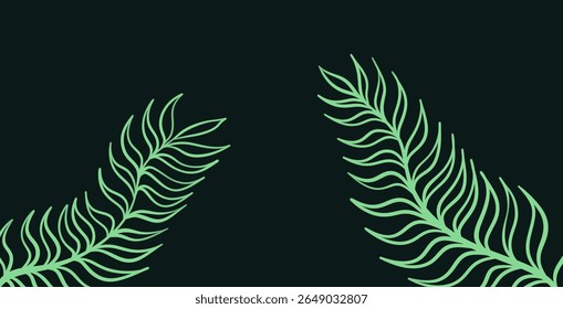 Silhouettes of ferns on a black background, backlit in a soft green shade. The effect of a mysterious forest.