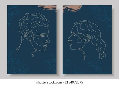 Silhouettes fictional man   woman against blue background  Two patterns and surrealistic guy   girl  People  plants drawn and line  Romantic background  