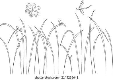 Silhouettes of field grass from simple lines with insects on a white background. Design for logo, flyer, brand book