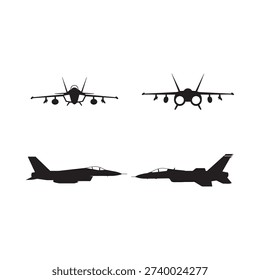 Silhouettes of a fighter jet depicted in multiple views