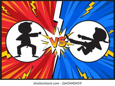Silhouettes of fighters in a vibrant comic style