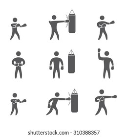 Silhouettes of figures boxer icons set. Boxing vector symbols