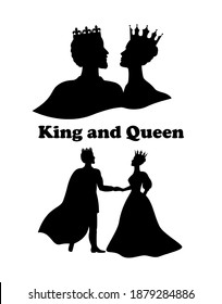 Silhouettes of figures of king and queen with royal crown isolated over white background. King and queen logo.