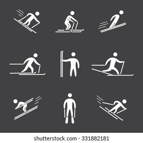 Silhouettes of figures skier icons set. Skiing vector symbols