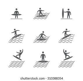 Silhouettes of figures surfer icons set. Surfing vector symbols