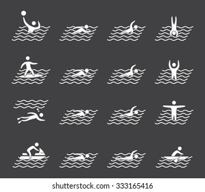 Silhouettes of figures swimmers icons set. Surfing vector symbols