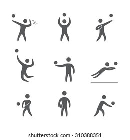 Silhouettes of figures volleyball players icons set. Volleyball vector symbols