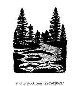 Silhouettes fir pine trees landscape lake, contour forest graphic monochrome black ink vector illustration