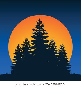 Silhouettes of fir trees growing on the hill on the background of big orange sun and dark blue sky. Vector