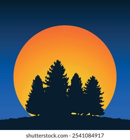 Silhouettes of fir trees growing on the hill on the background of big orange sun and dark blue sky. Vector