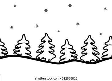 Silhouettes of fir trees on a white background. Seamless sample of a border. Vector illustration. It can be used for Christmas and New Year decoration, websites, packing, fabrics