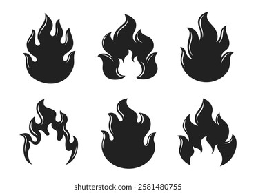 Silhouettes of Fire flame. Fire icons isolated on white background. Vector fire icons. Vintage hipster fire flame logo, label, badge. Vector illustration.