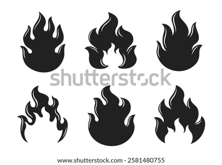 Silhouettes of Fire flame. Fire icons isolated on white background. Vector fire icons. Vintage hipster fire flame logo, label, badge. Vector illustration.