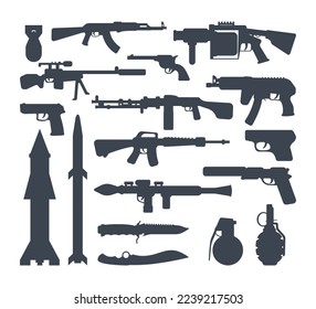 Esbozos de ilustraciones vectoriales de armas de fuego y explosivos. Colección de dibujos animados de armas, pistolas, rifles, granadas, cuchillos, misiles sobre fondo blanco. Armas, concepto militar