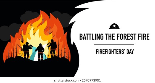 Silhouettes of Firefighters Battling a Forest Fire with Water Jets, Conceptual Vector Illustration for Posters, Banners, Firefighter Day, and Social Awareness Campaigns
