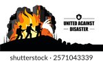 Silhouettes of Firefighters Pulling a Hose with Burning Buildings, Conceptual Image for Banners