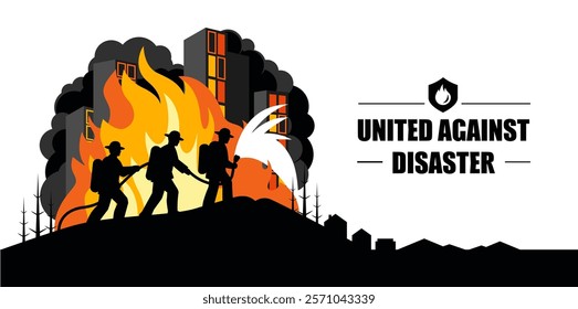 Silhouettes of Firefighters Pulling a Hose with Burning Buildings, Conceptual Image for Banners