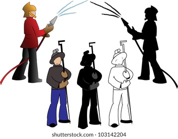 Silhouettes of firefighters and steelmaker, options  on a white background