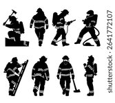 Silhouettes of firefighters in various action poses, equipped with tools and protective gear, representing different emergency response activities.